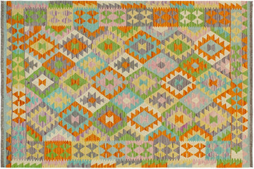 Flat Weave Kilim, Antique, Navaho, Vintage, Handmade, Geometric Kilim Orange Blue Hand-Woven Rectangle 100% Wool Area Rug 4 x 6